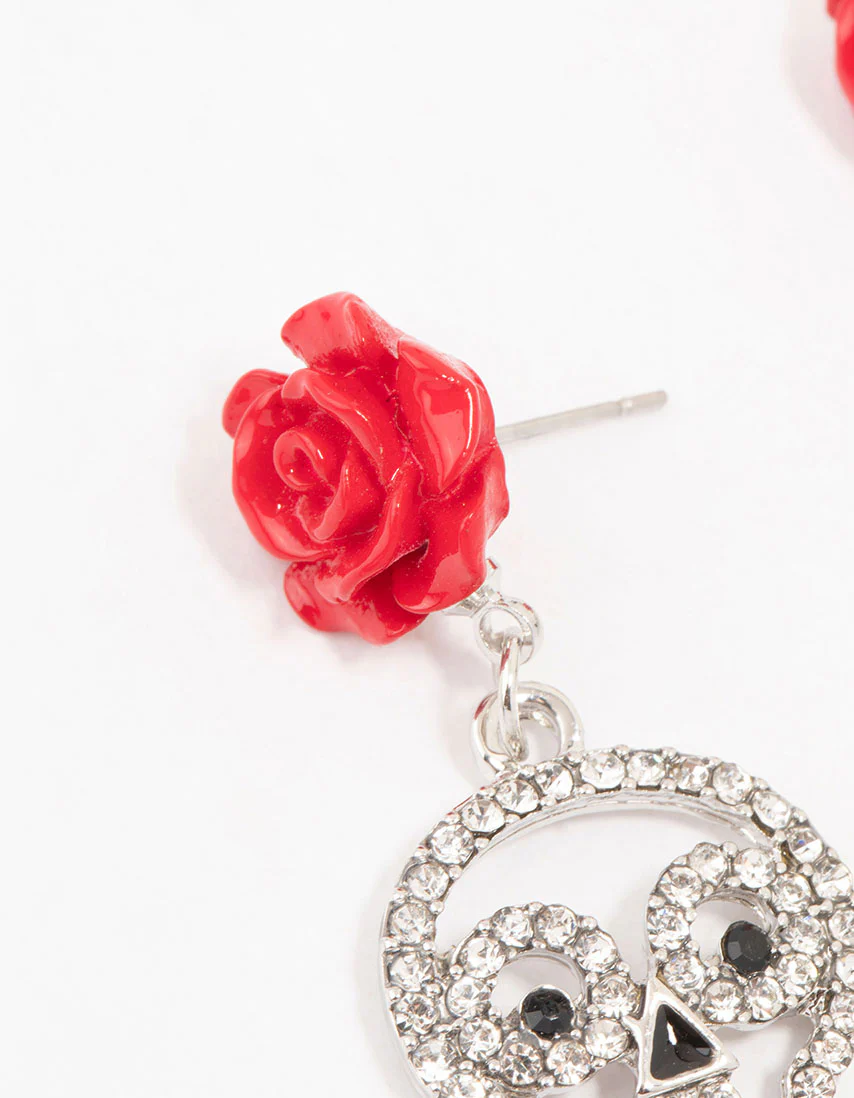 Red Floral Skull Silver Drop Earrings - Image 2