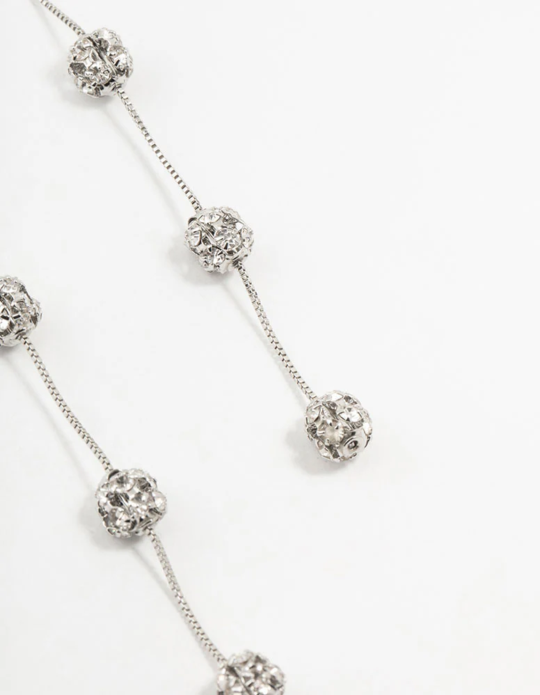 Silver 3 Row Diamante Ball Drop Earrings - Image 3