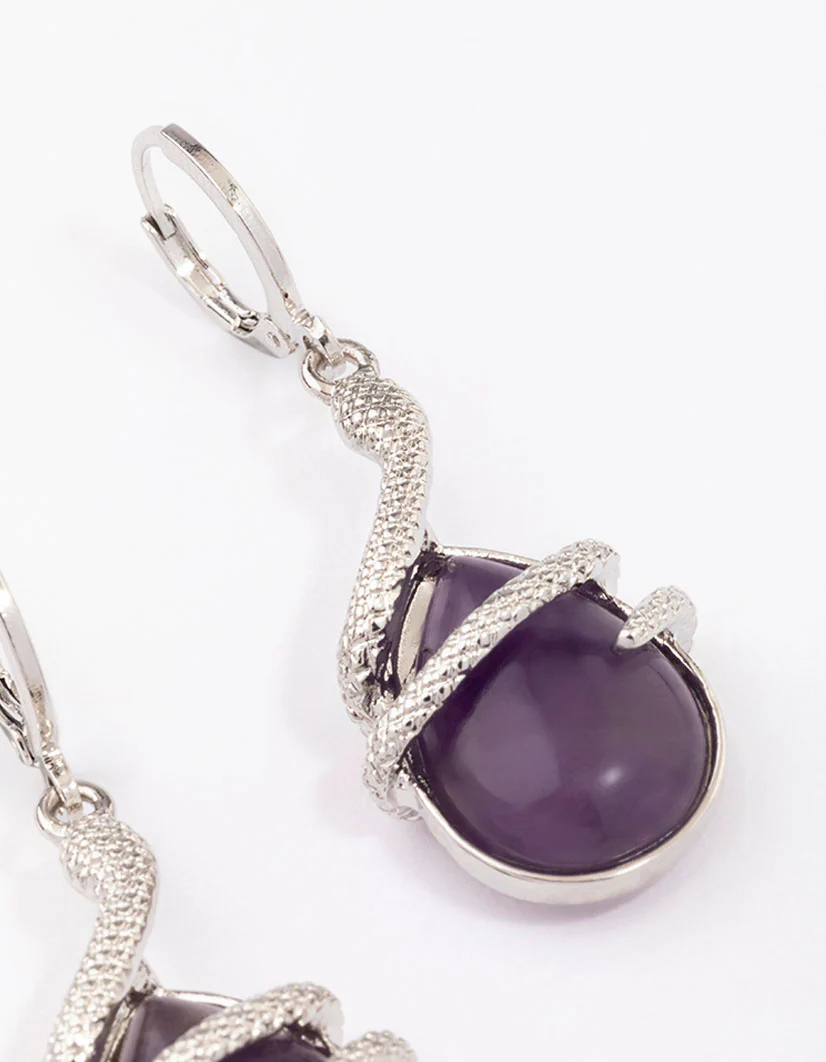 Silver Amethyst Snake Wrapped Drop Earrings - Image 3