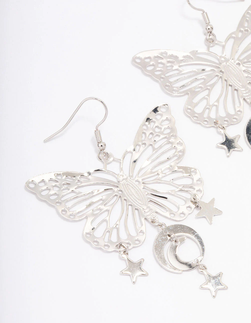 Silver Butterfly Moon Drop Earrings - Image 2