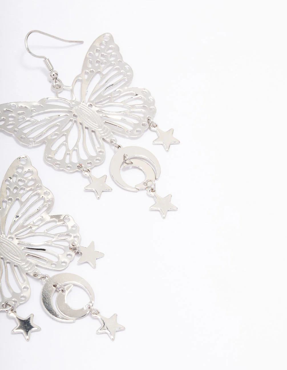 Silver Butterfly Moon Drop Earrings - Image 3