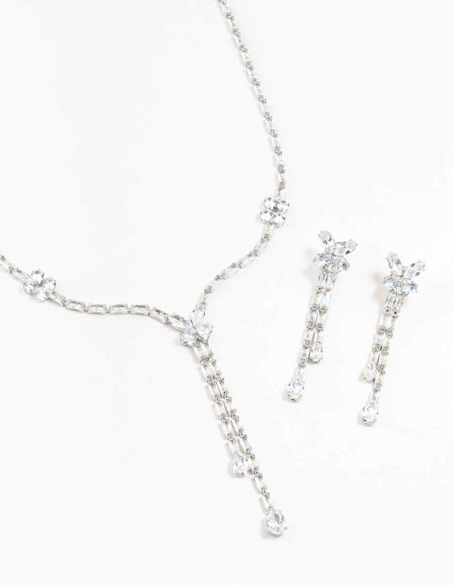 Silver Cubic Zirconia Butterfly Drop Earrings & Necklace Set