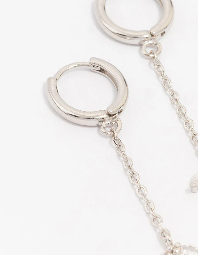 Silver Cubic Zirconia Diamante Floral Chain Drop Earrings - Image 2