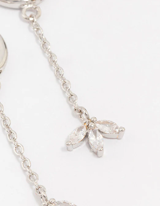 Silver Cubic Zirconia Diamante Floral Chain Drop Earrings - Image 3