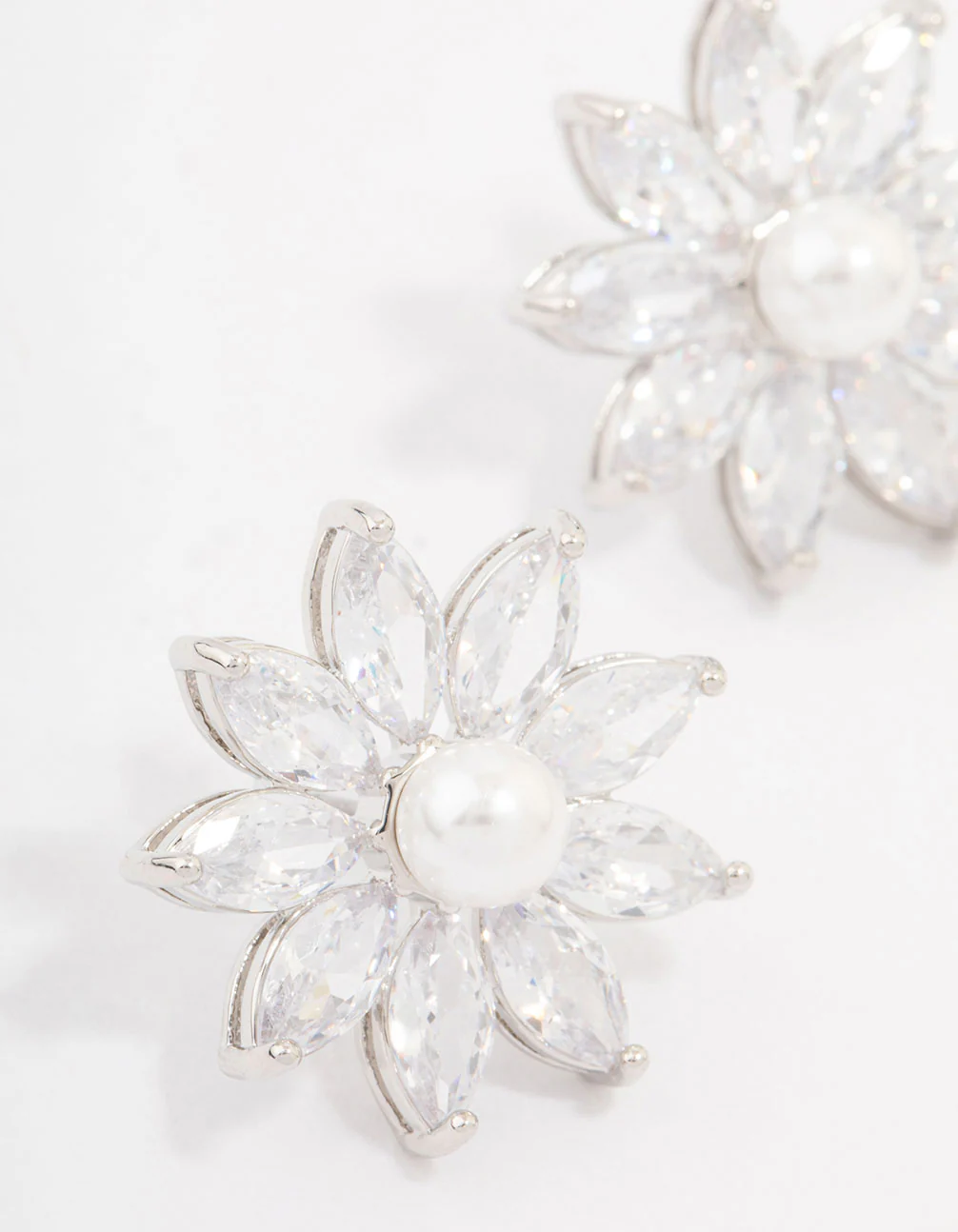 Silver Cubic Zirconia Flower & Pearl Stud Earrings - Image 2