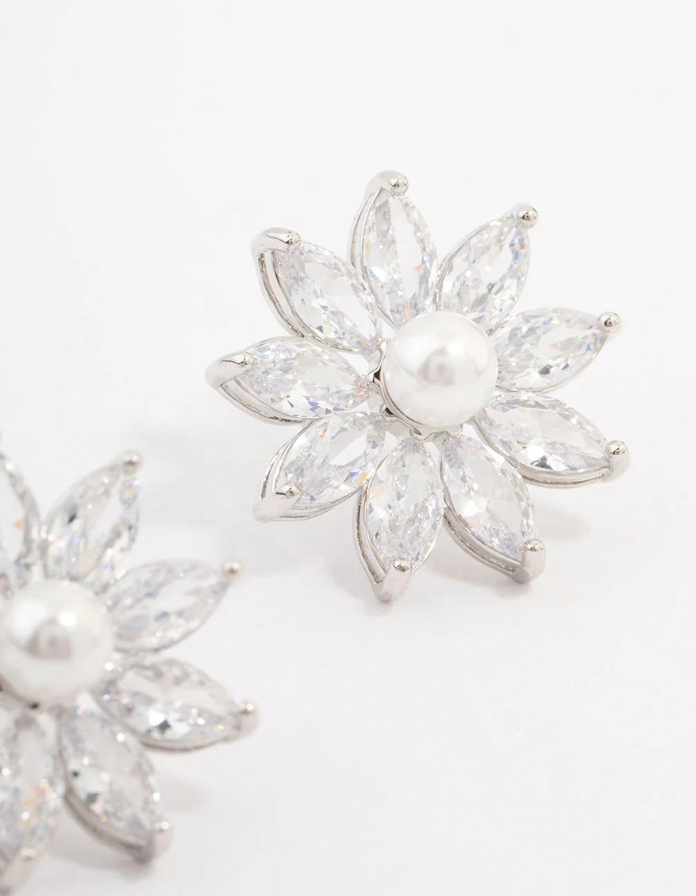 Silver Cubic Zirconia Flower & Pearl Stud Earrings - Image 3