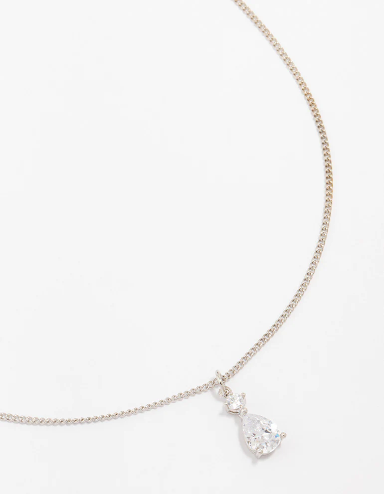 Silver Cubic Zirconia Pear Pendant Necklace