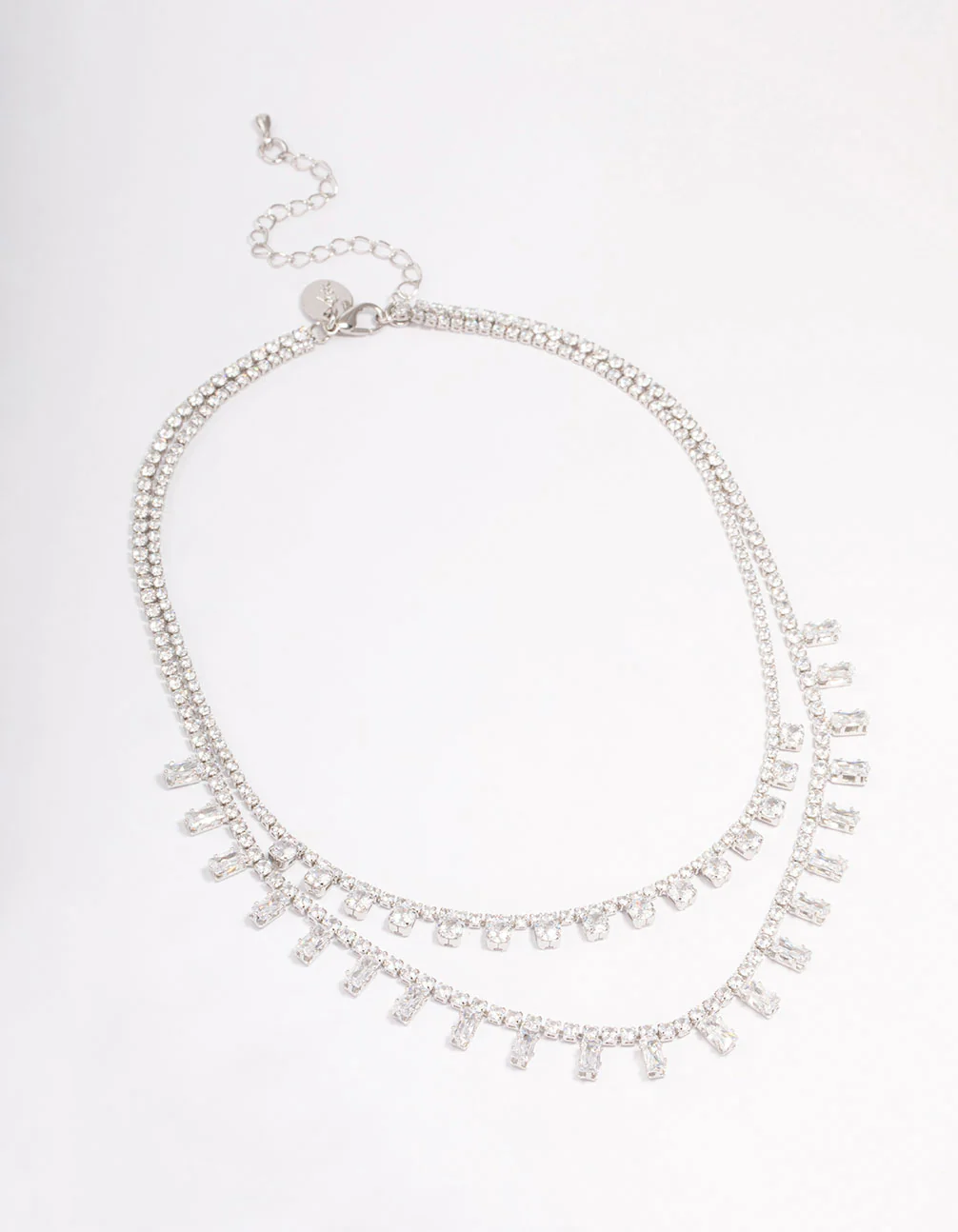 Silver Cubic Zirconia Round Baguette Layered Necklace - Image 2