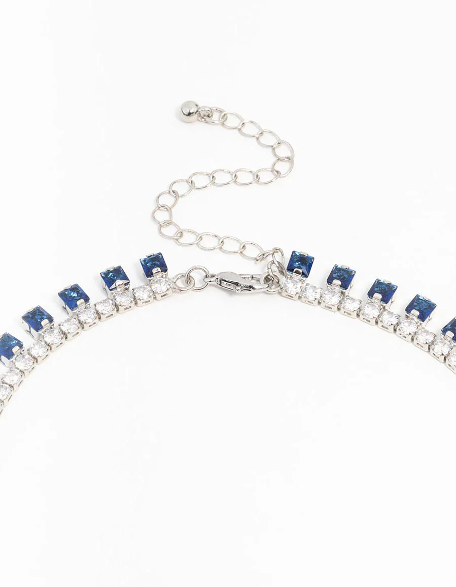 Silver Cubic Zirconia Sapphire Necklace & Earring Set - Image 3