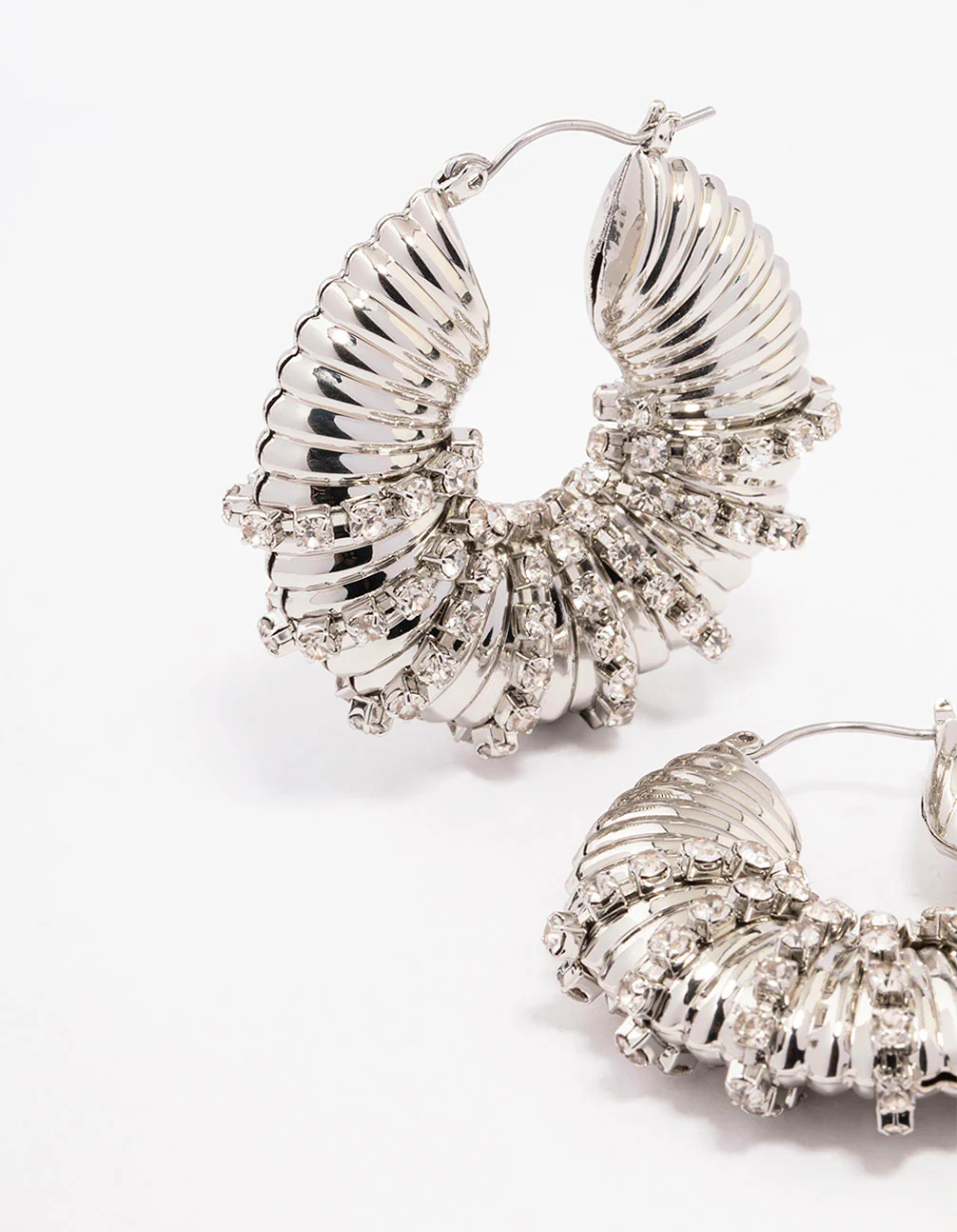 Silver Diamante Wrapped Chubby Hoop Earrings - Image 2