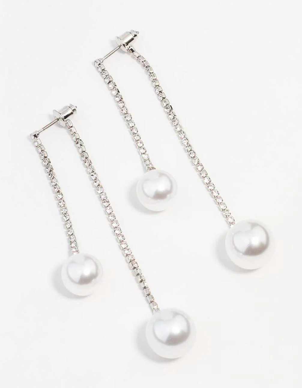 Silver Double Diamante Pearl Drop Earrings