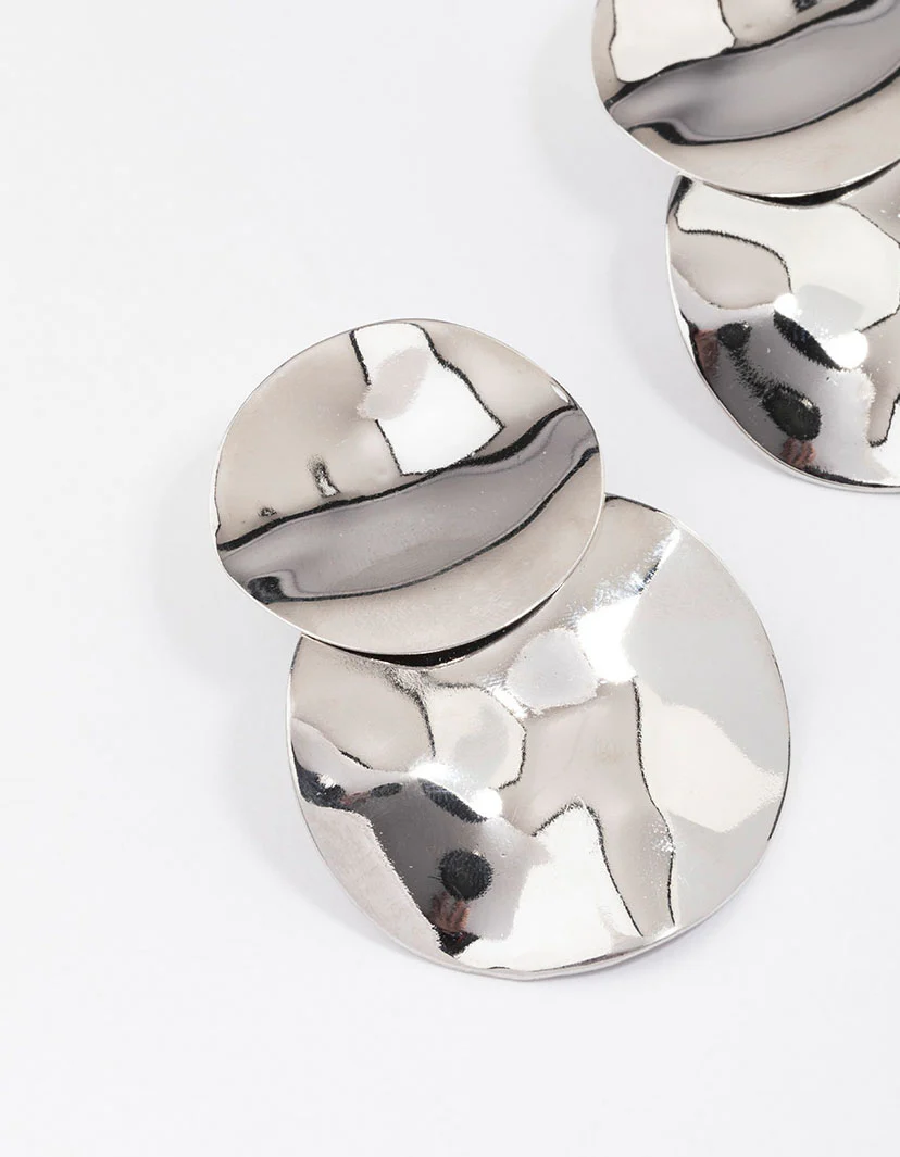 Silver Double Wave Disc Drop Earrings - Image 2