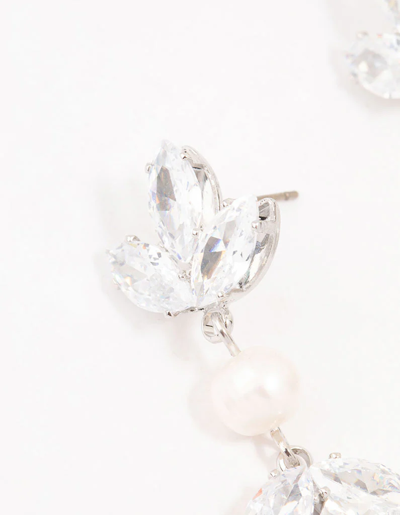Silver Floral Cubic Zirconia & Pearl Drop Earrings - Image 2