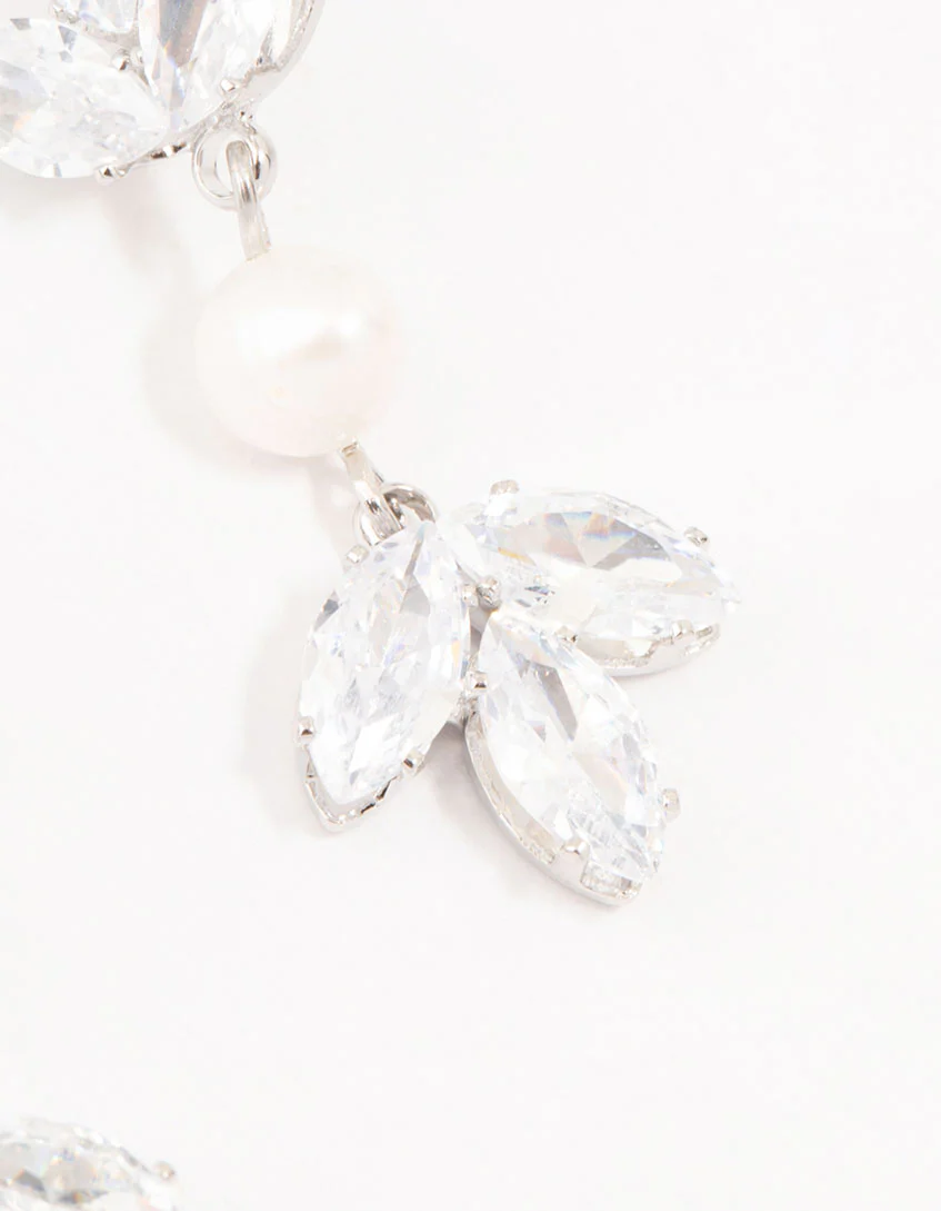 Silver Floral Cubic Zirconia & Pearl Drop Earrings - Image 3