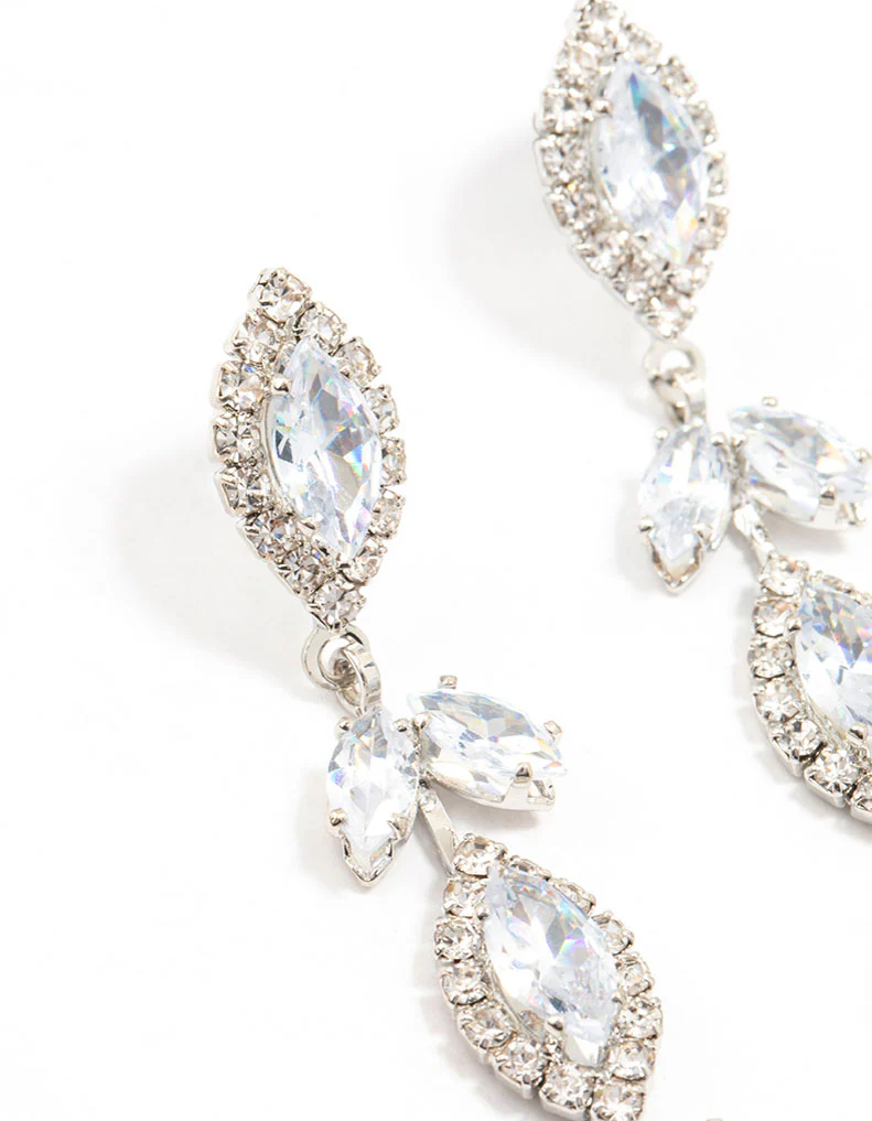 Silver Marquise Cubic Zirconia Leaf Drop Earrings - Image 2