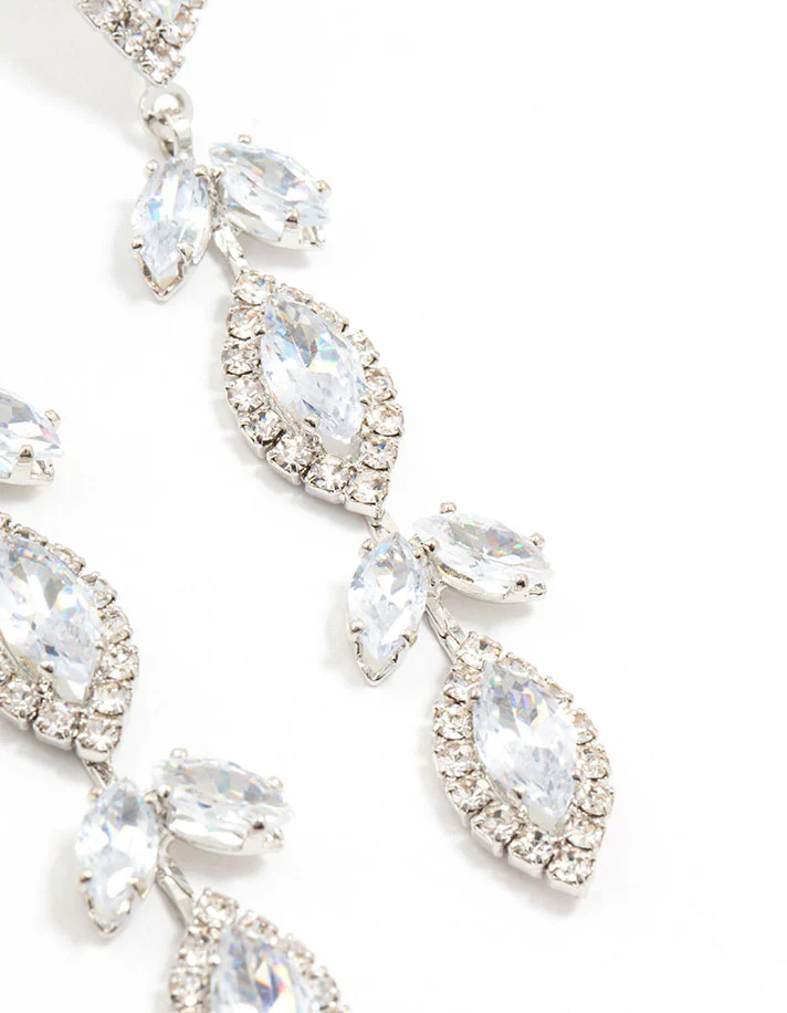Silver Marquise Cubic Zirconia Leaf Drop Earrings - Image 3