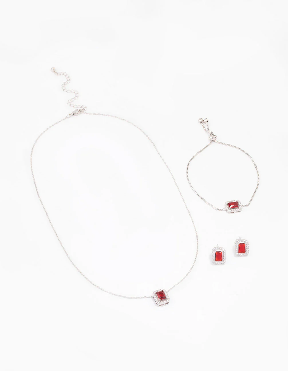 Silver Ruby Diamond Simulant Halo Jewellery Set - Image 2