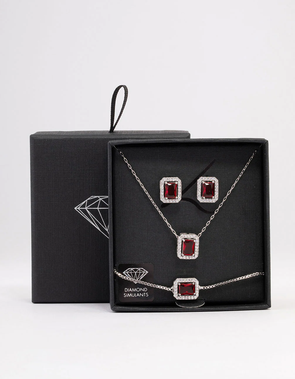 Silver Ruby Diamond Simulant Halo Jewellery Set - Image 3