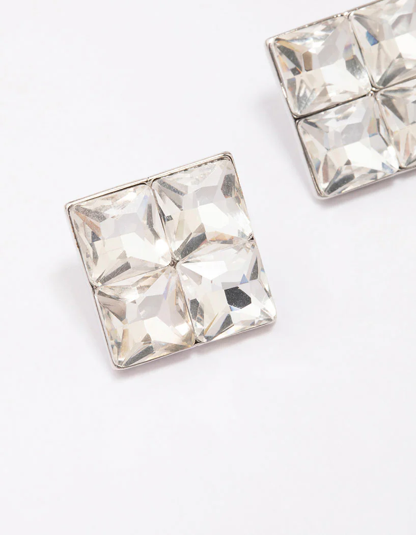 Silver Square Diamante Stud Earrings - Image 2
