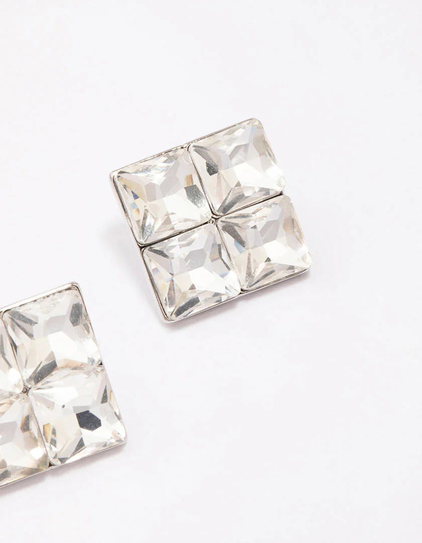 Silver Square Diamante Stud Earrings - Image 3