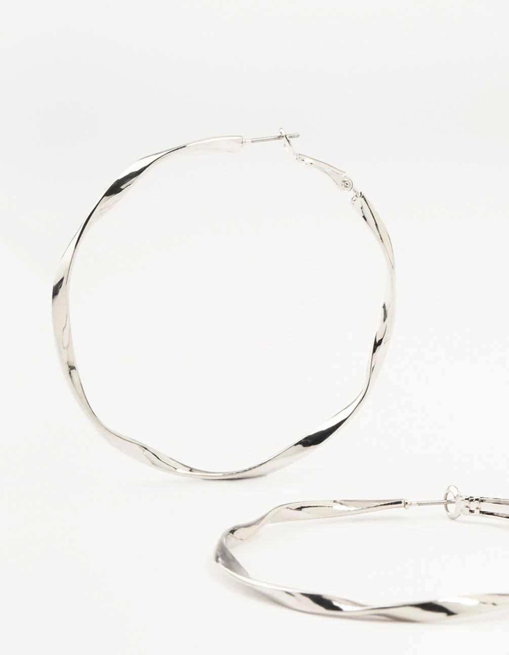 Silver Thin Smooth Twisted Hoop Earrings - Image 2