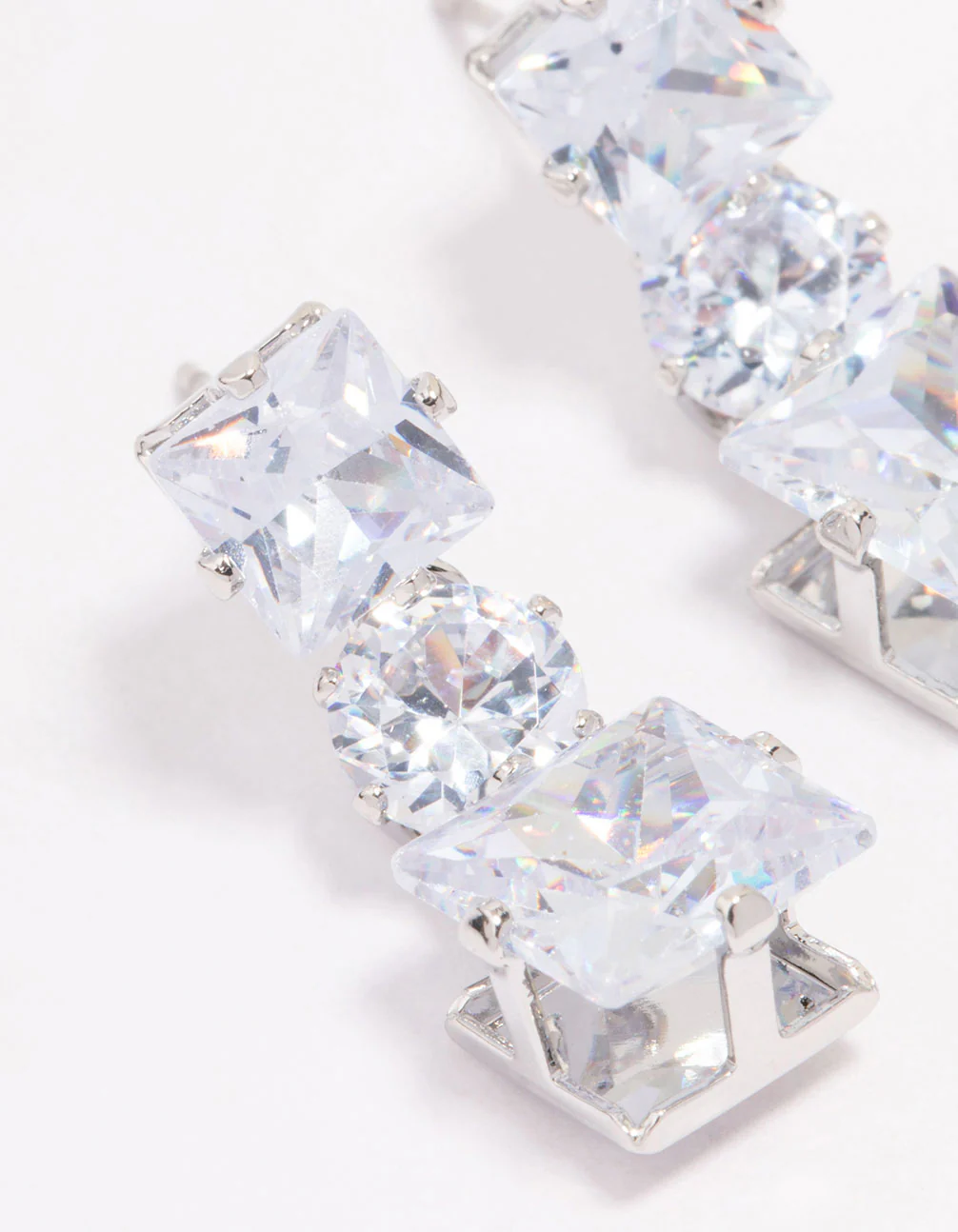 Silver Triple Cubic Zirconia Square Drop Earrings - Image 2