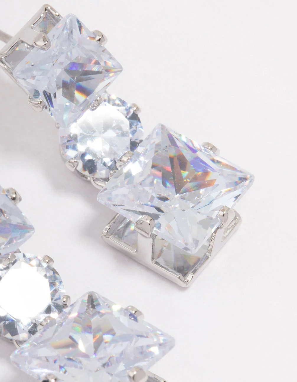 Silver Triple Cubic Zirconia Square Drop Earrings - Image 3