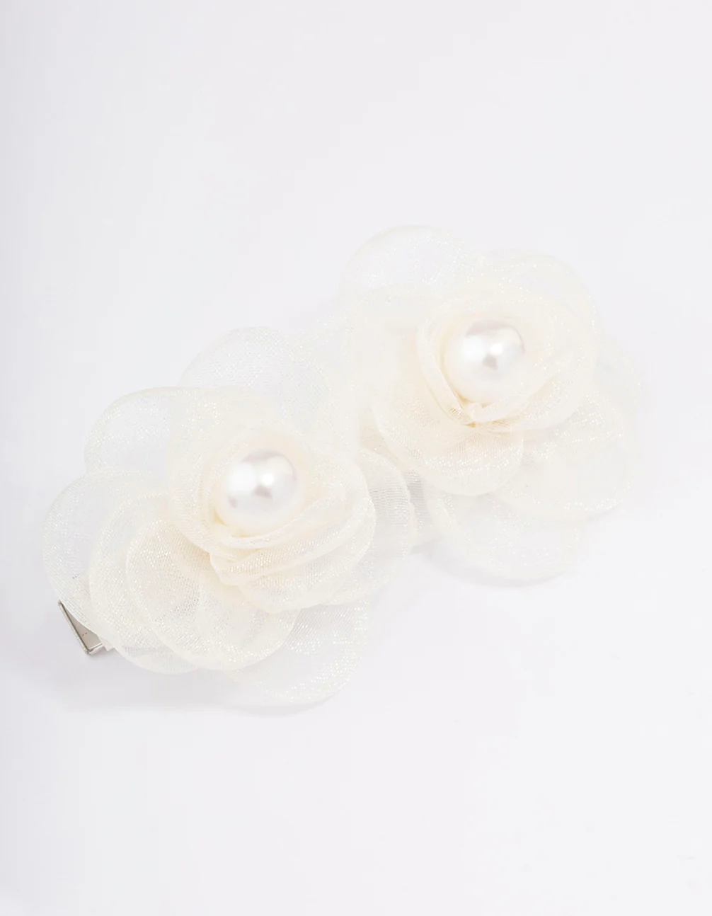 Silver & White Fabric Pearl Flower Hair Clip