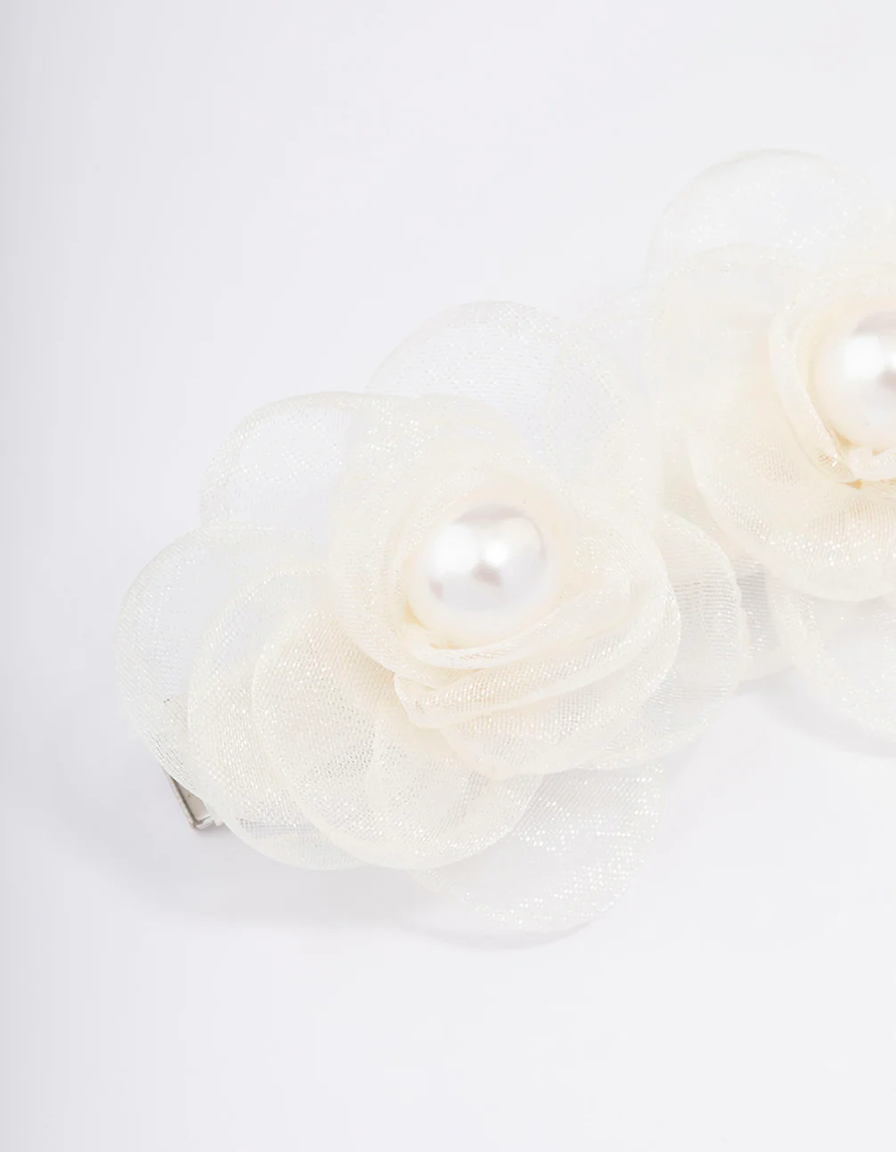 Silver & White Fabric Pearl Flower Hair Clip - Image 2