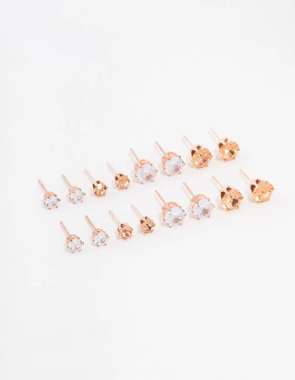 Rose Gold Basic Diamante Stud Earrings 8-Pack