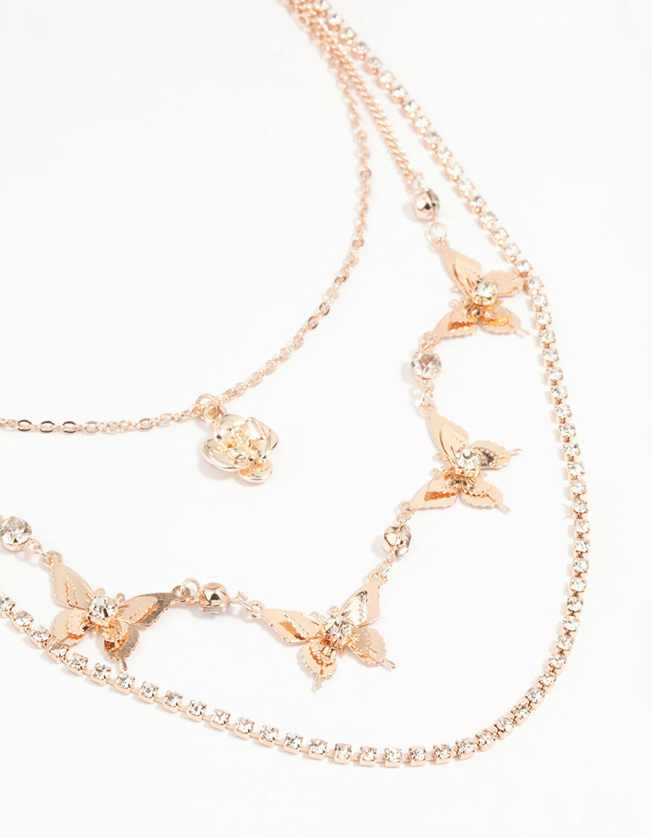 Rose Gold Butterfly & Flower Layered Necklace