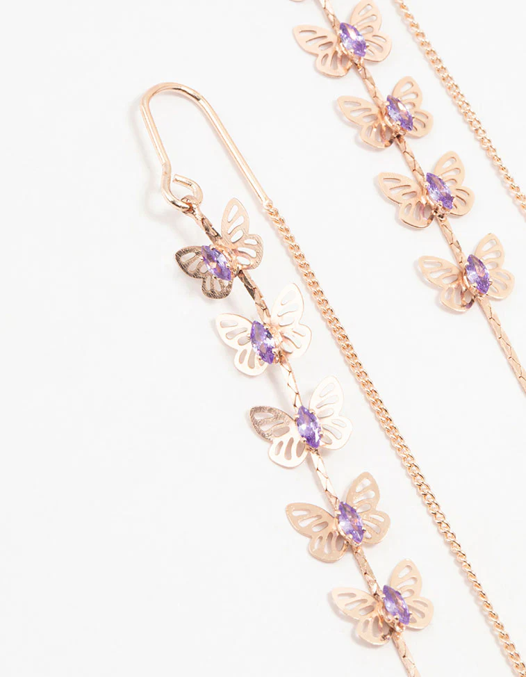 Rose Gold Butterfly Purple Cubic Zirconia Drop Earrings - Image 2
