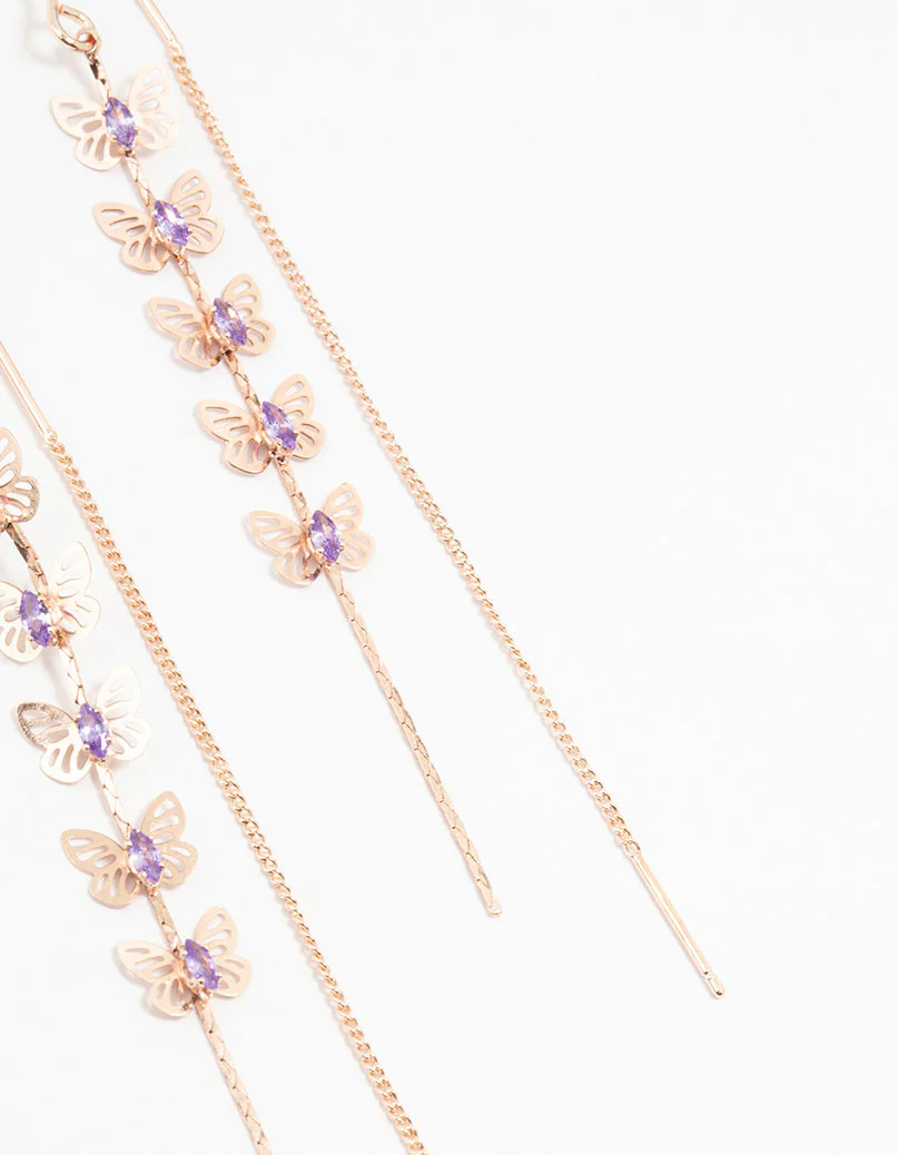Rose Gold Butterfly Purple Cubic Zirconia Drop Earrings - Image 3