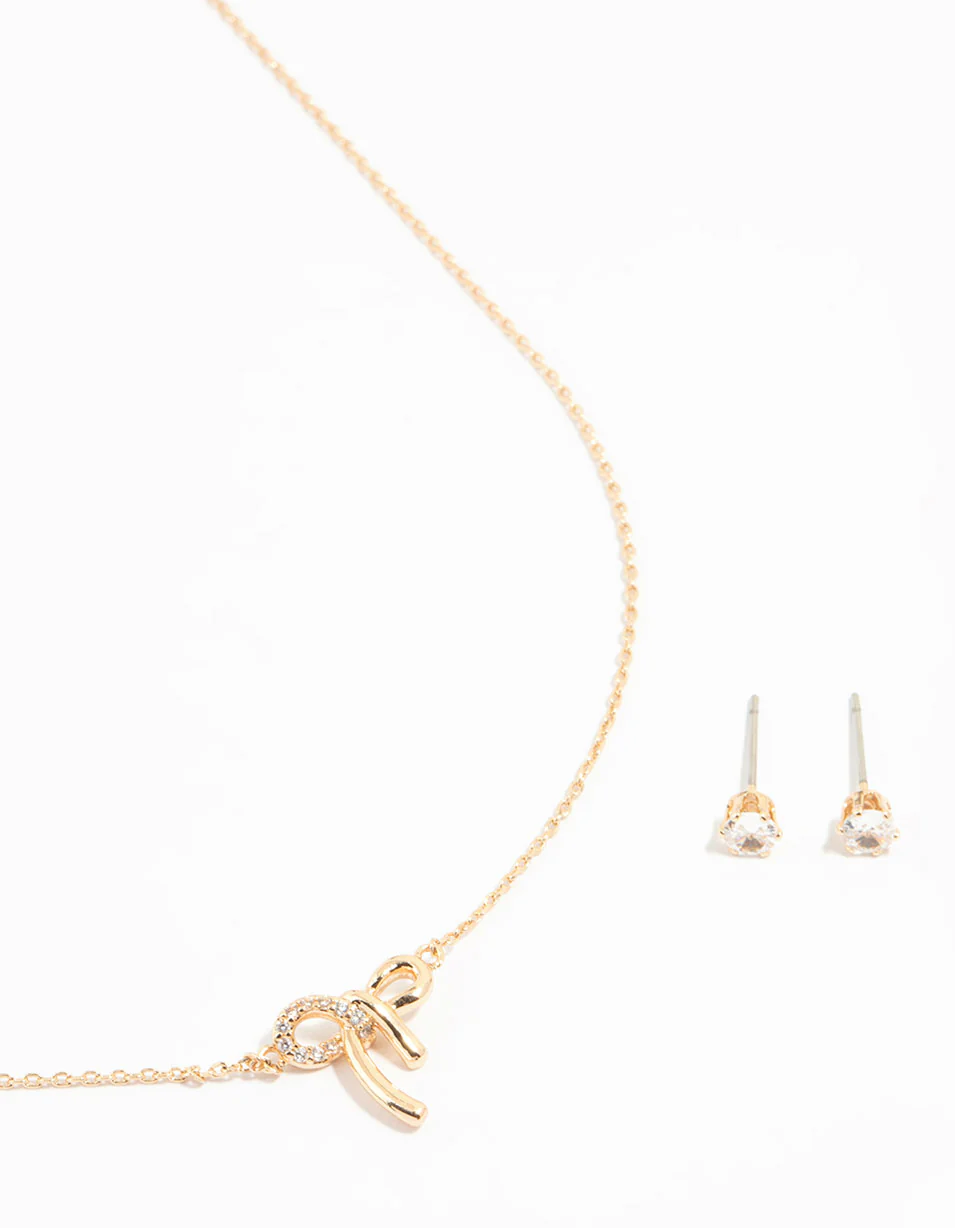 Gold Cubic Zirconia Bow Necklace & Earrings Set