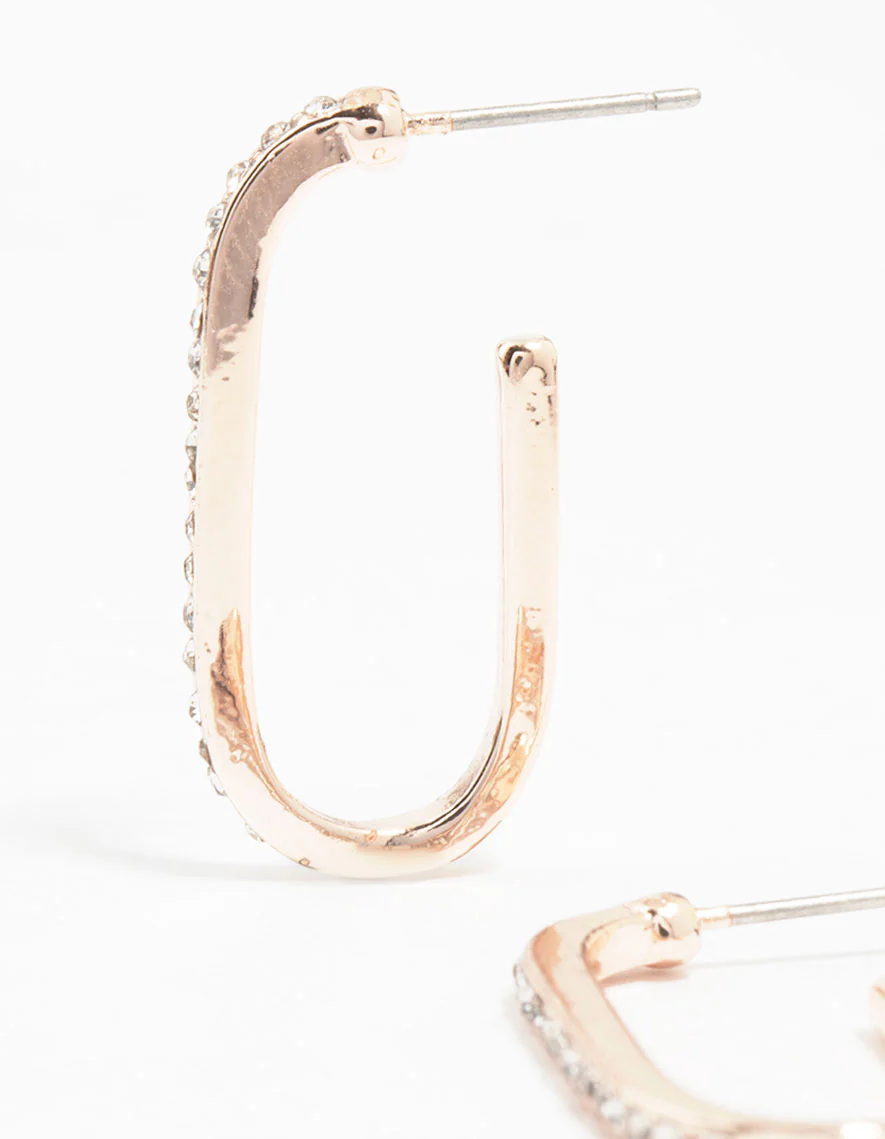Rose Gold Plated Cubic Zirconia Long Oval Hoop Earrings - Image 2