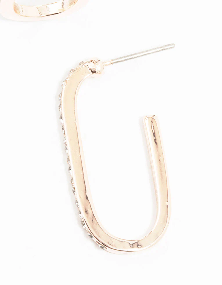 Rose Gold Plated Cubic Zirconia Long Oval Hoop Earrings - Image 3