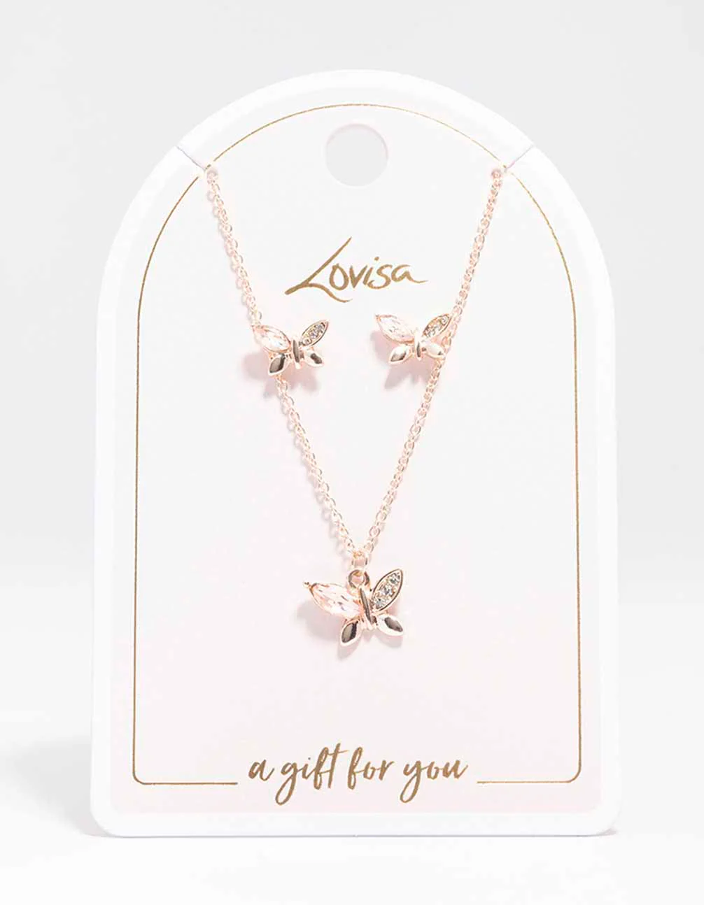 Rose Gold Diamante Butterfly Necklace & Stud Earring Set - Image 3