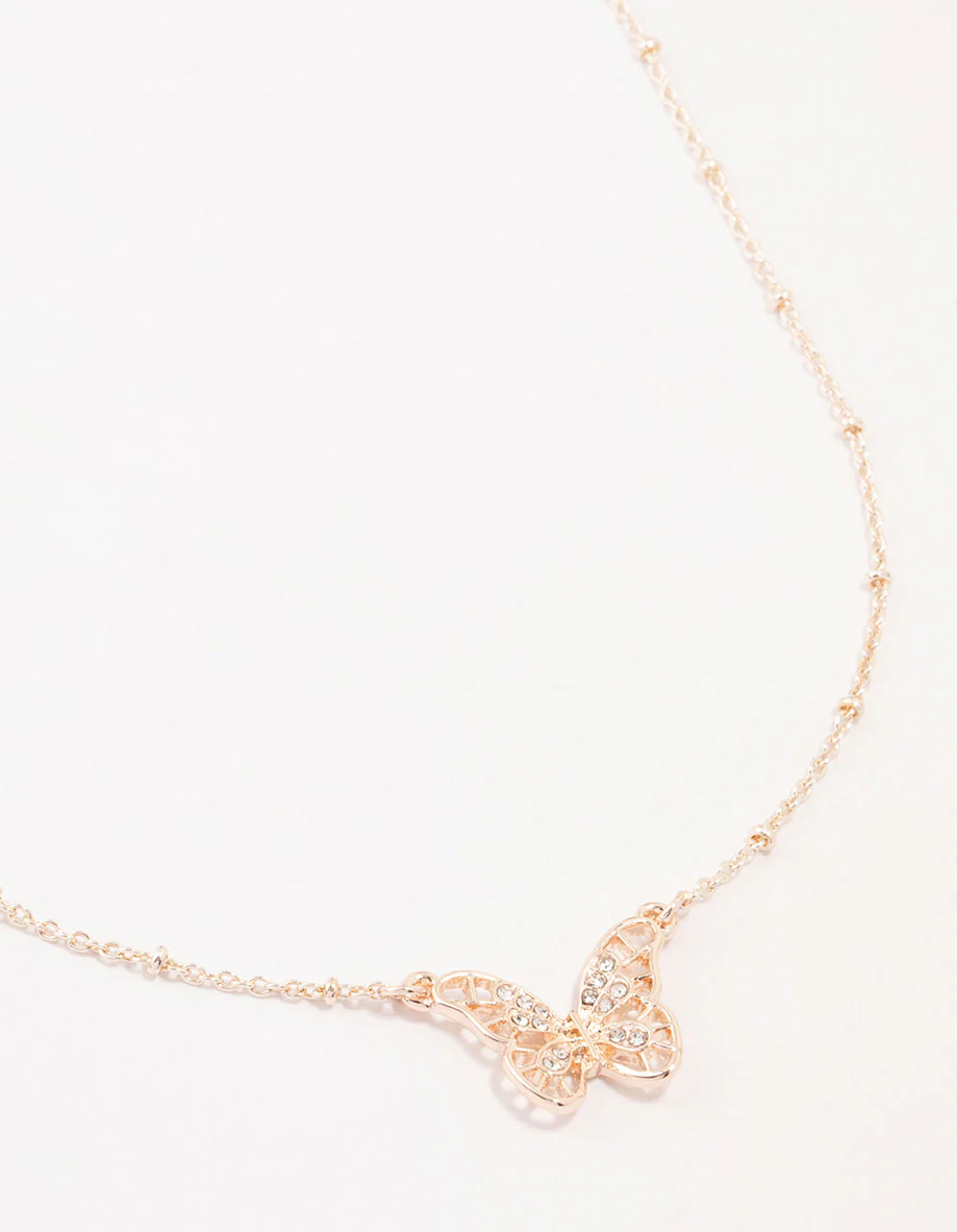Rose Gold Plated Diamante Filigree Butterfly Necklace
