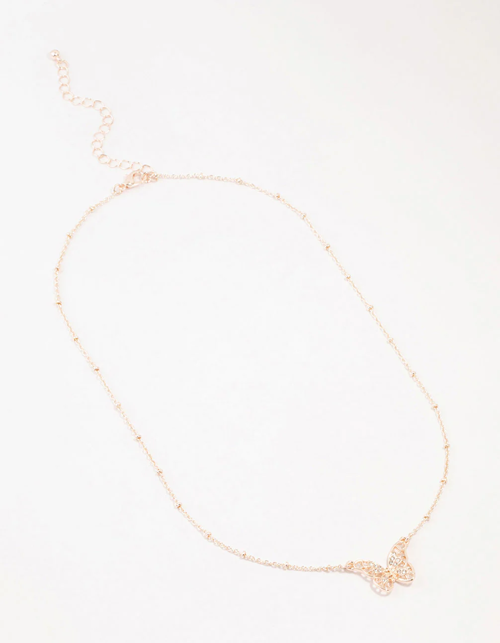 Rose Gold Plated Diamante Filigree Butterfly Necklace - Image 2