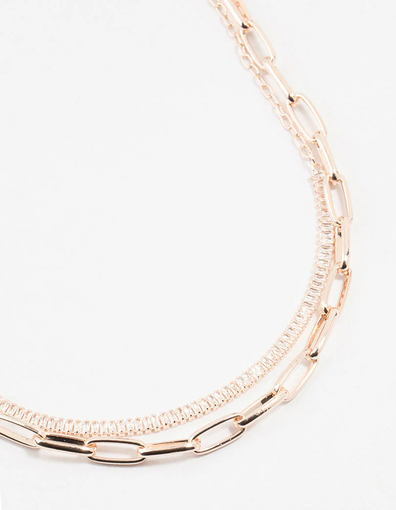 Rose Gold Diamante Medium Chain Short Necklace