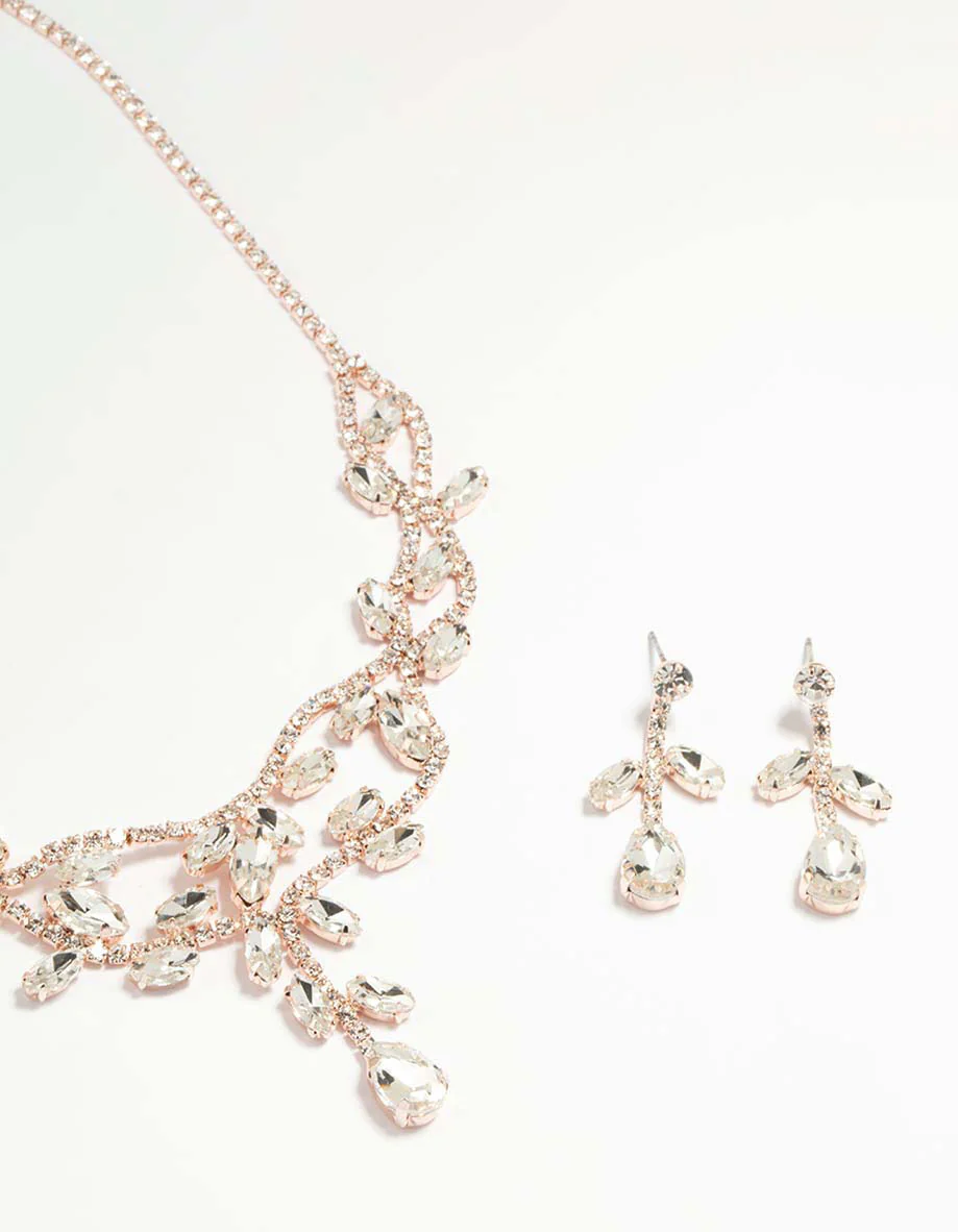 Rose Gold Floral Vine Cascading Necklace & Earrings Set