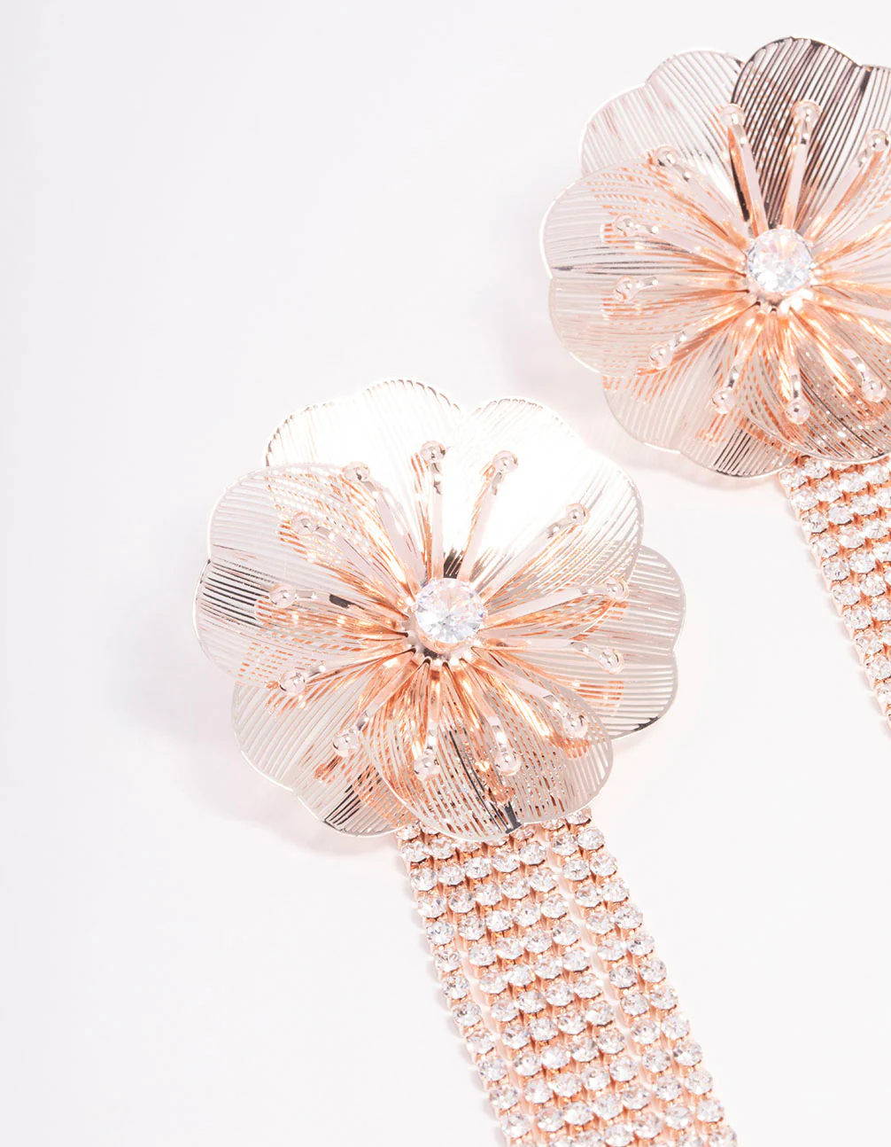 Rose Gold Flower Diamante Cup Chain Drop Earrings - Image 2
