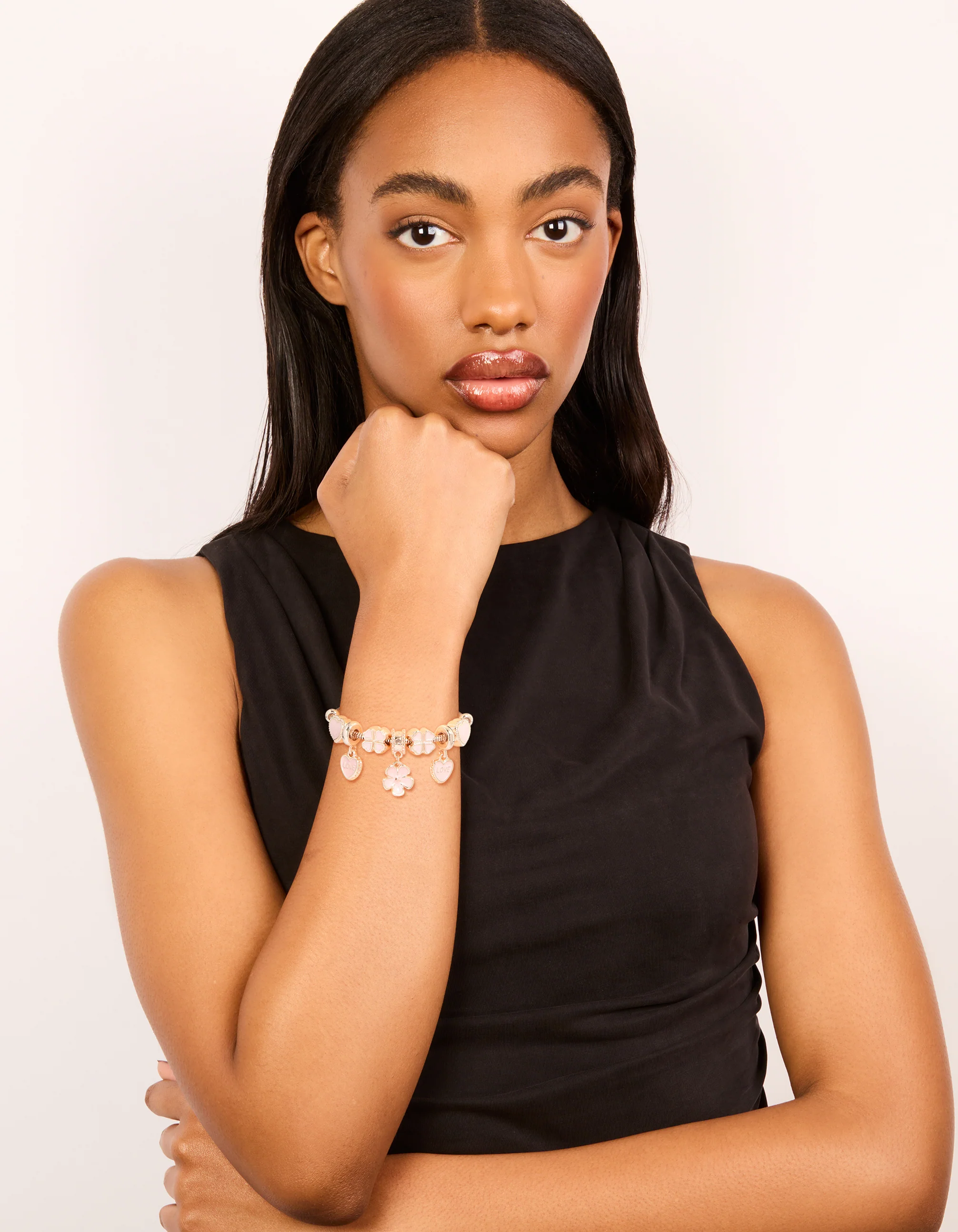 Rose Gold Flower & Heart Charm Toggle Bracelet - Image 3