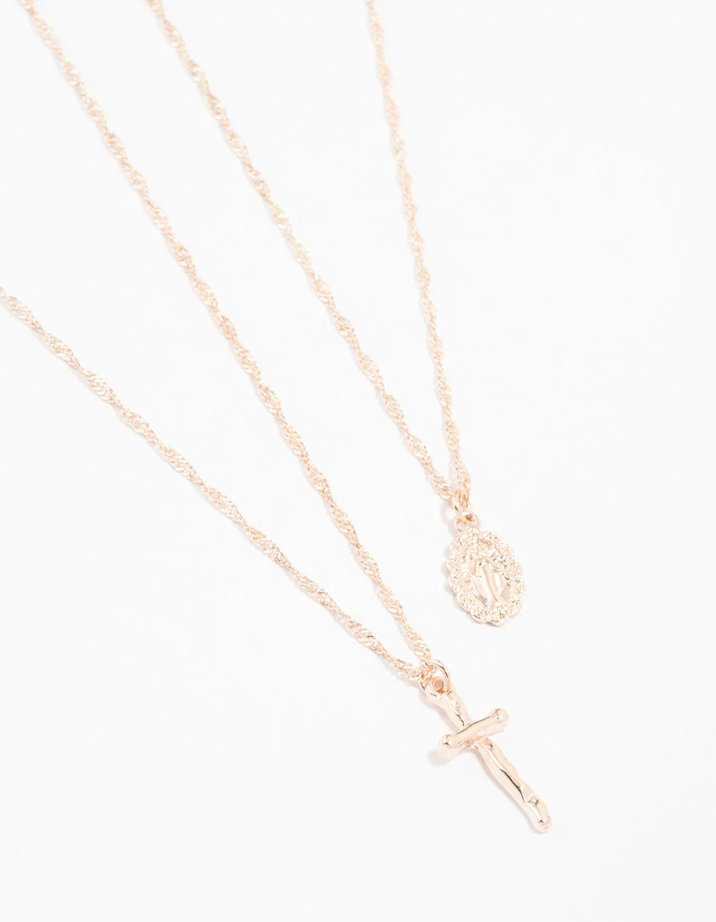 Rose Gold Plated Mary Hammered Cross Necklaces 2-Pack