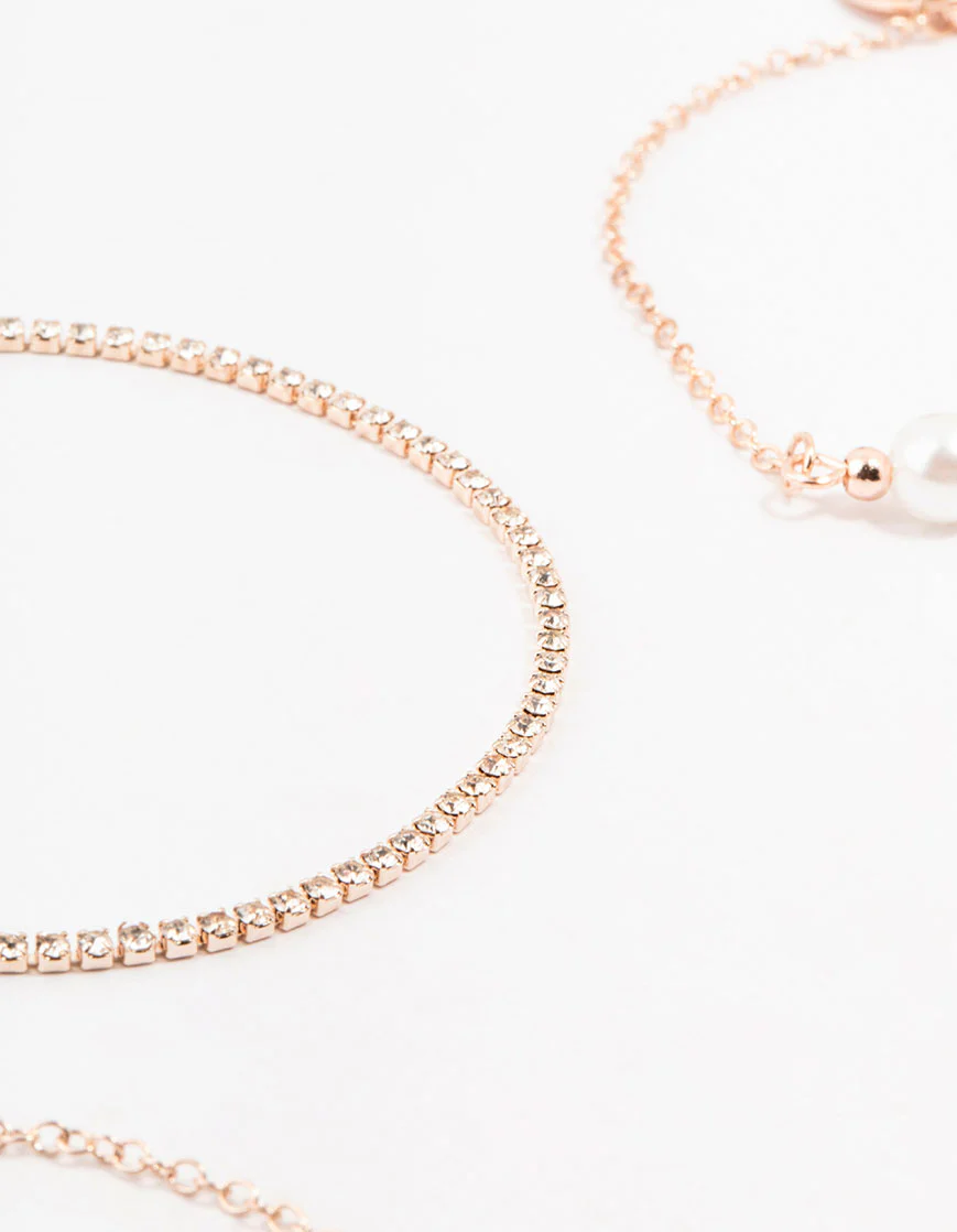 Rose Gold Pearl & Diamante Chain Bracelets 4-Pack - Image 2