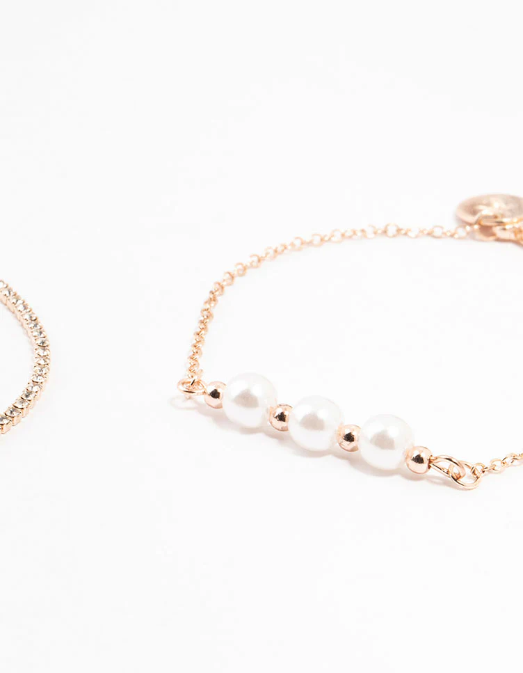 Rose Gold Pearl & Diamante Chain Bracelets 4-Pack - Image 3