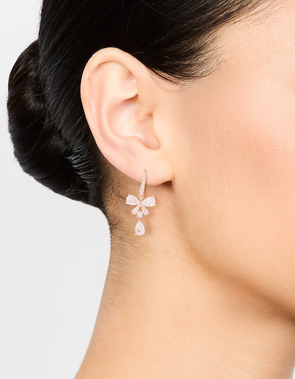 Rose Gold Plated Cubic Zirconia Bow Drop Earrings - Image 2