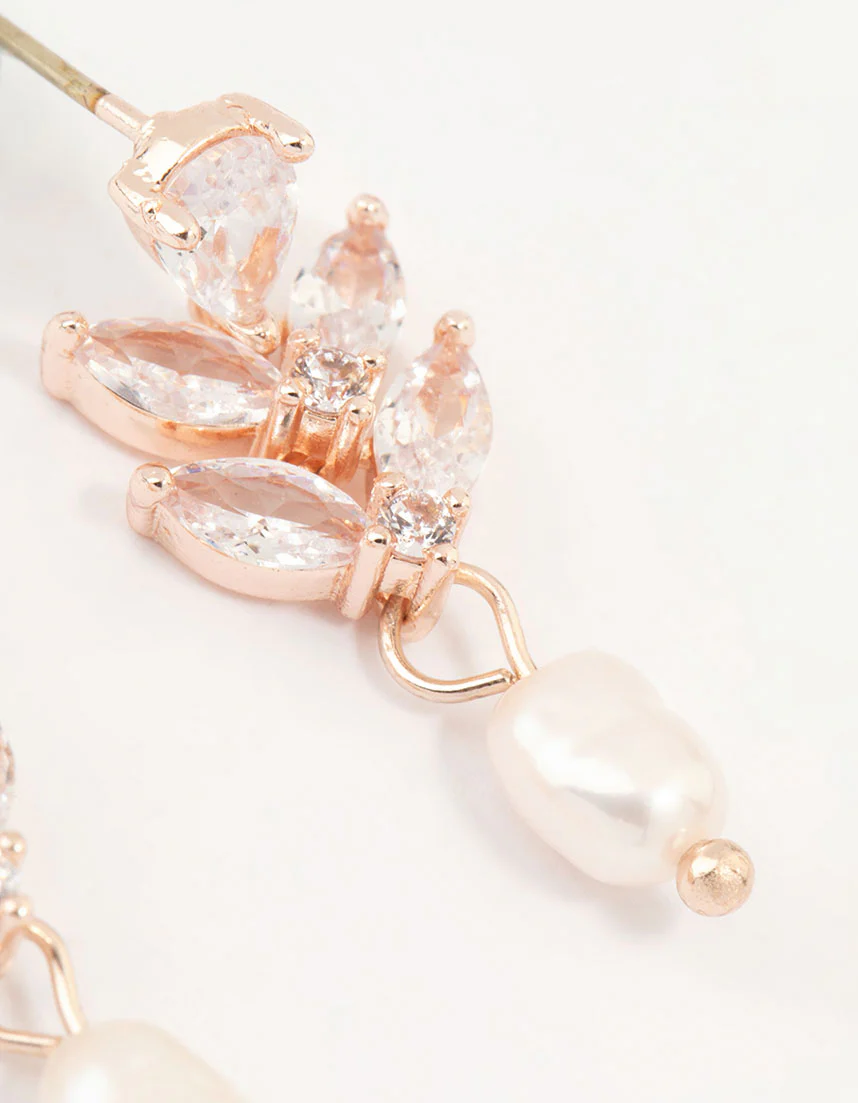 Rose Gold Plated Cubic Zirconia Freshwater Pearl Drop Earrings - Image 5