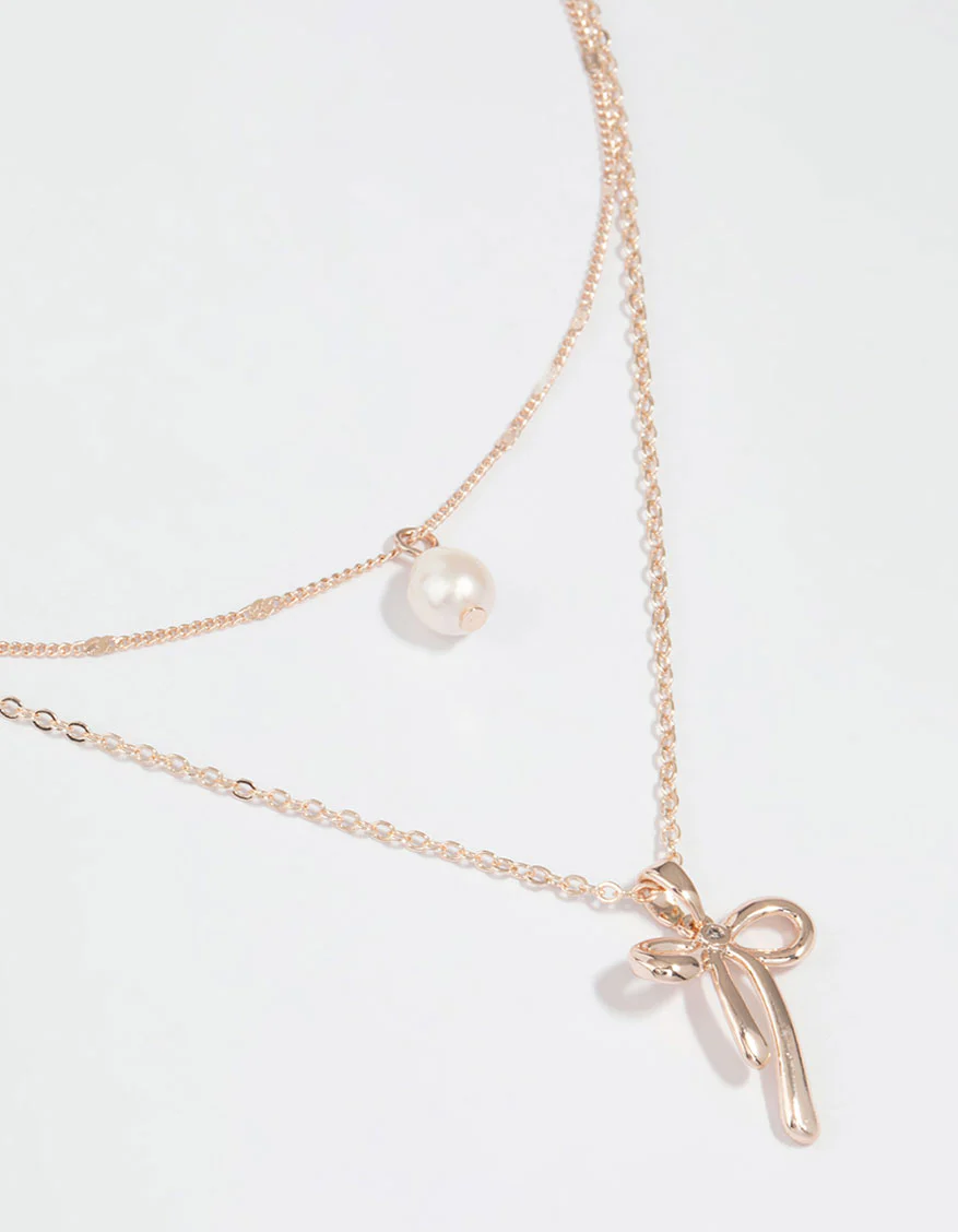 Rose Gold Plated Freshwater Pearl & Bow Layered Necklace
