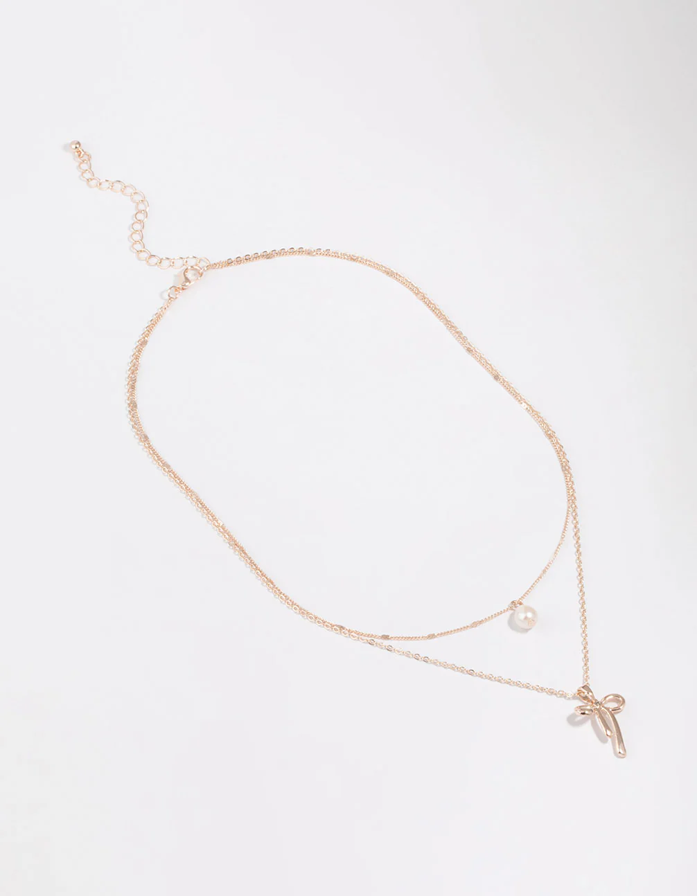 Rose Gold Plated Freshwater Pearl & Bow Layered Necklace - Image 2